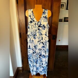 Dress Belle Kim Gravel large L  blue white floral v neck sleeveless